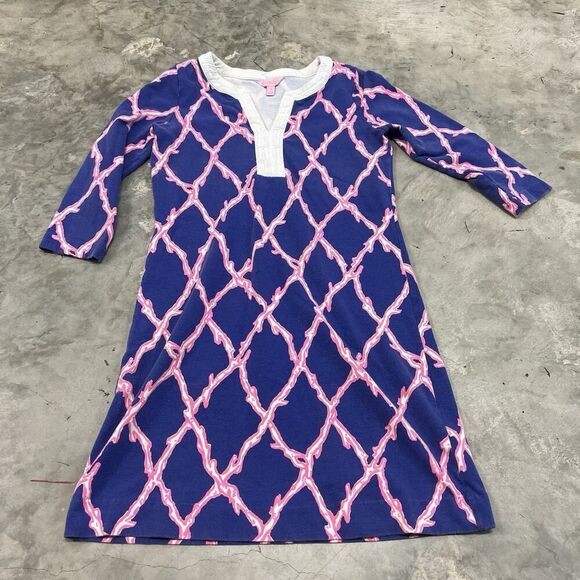 Lilly Pulitzer Veranda Tunic Dress Womens Small Blue Pink Terry Diamond Print V - Picture 1 of 5